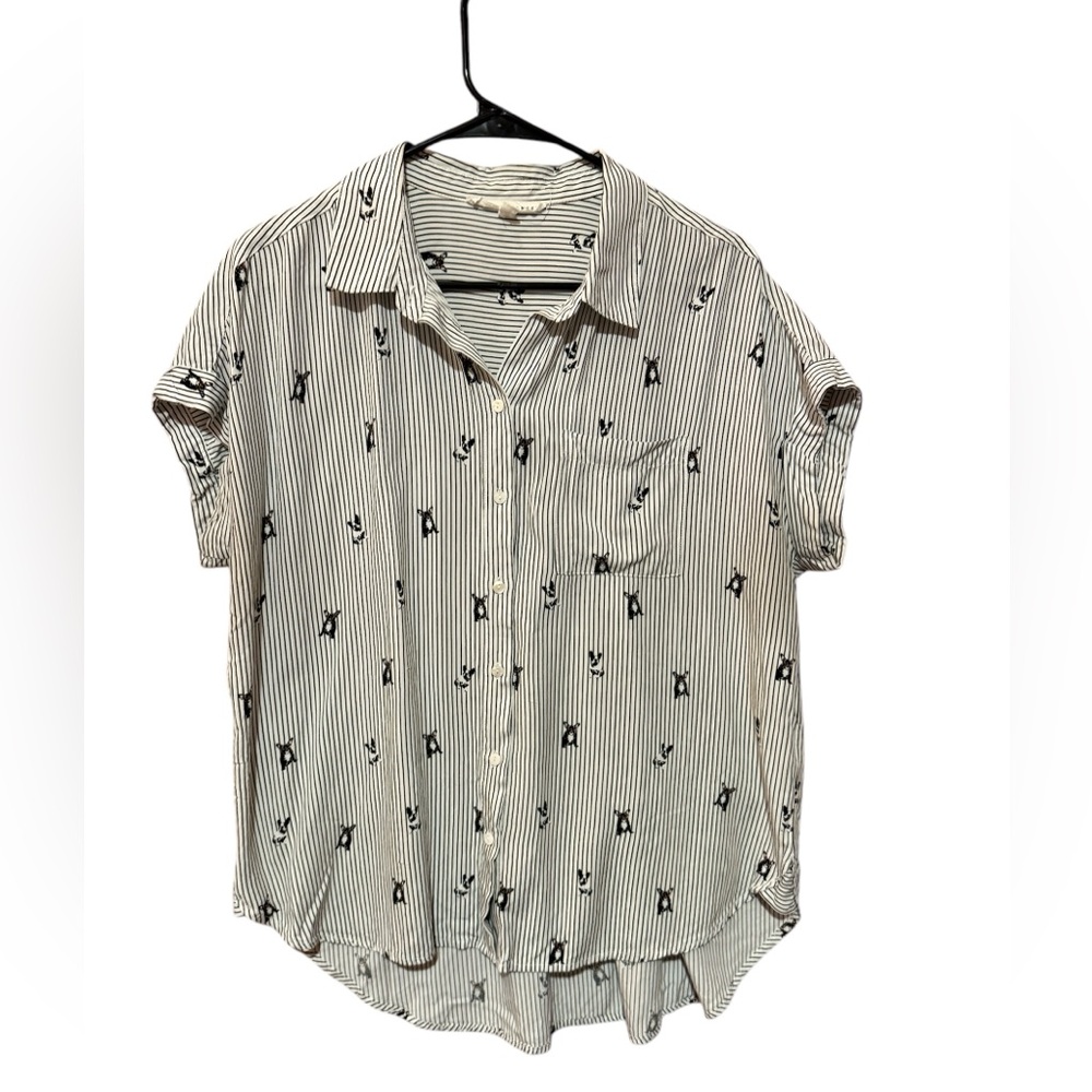 Jane & Delancey Women's Button Down Shirt Top French Bulldog Print Sz L Striped